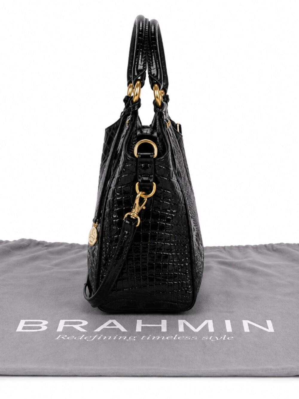 Brahmin Elisa Hobo Black Melbourne Croc-Embossed Leather Turn-Lock Satchel - Picture 3 of 5